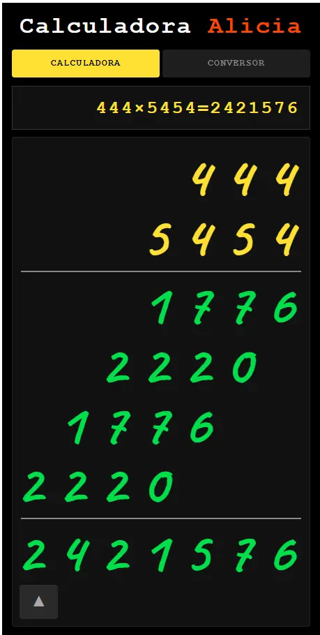 Multiplicación en la Calculadora Alicia — ejemplo paso a paso