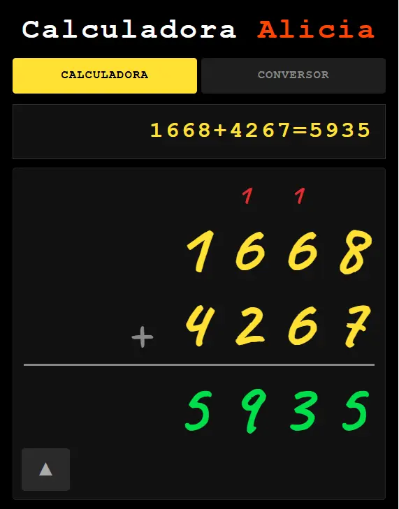 Suma en la Calculadora Alicia — ejemplo paso a paso
